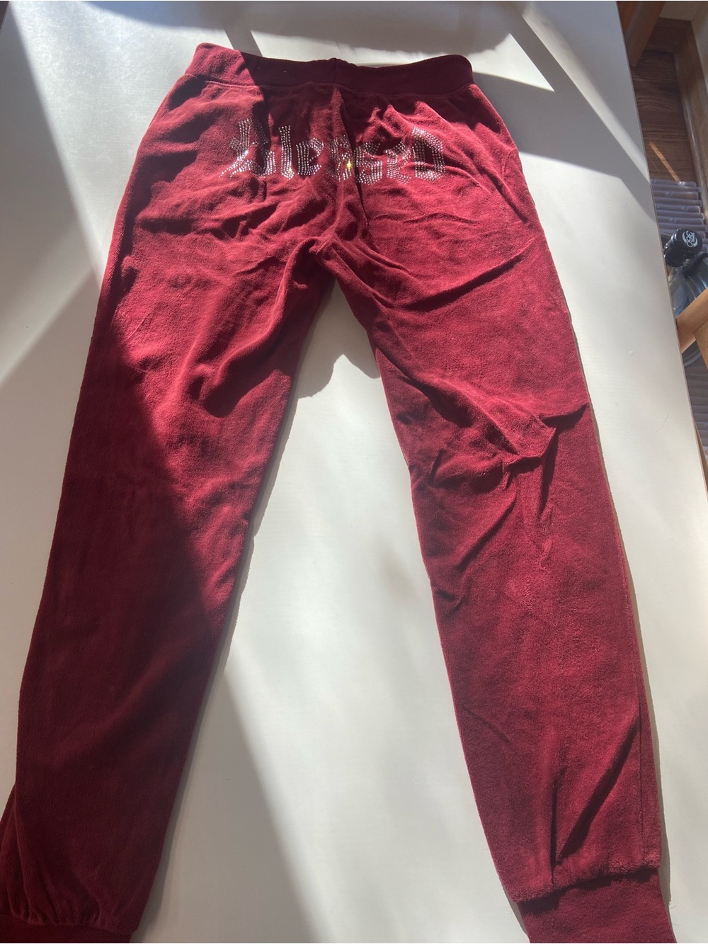 Red Velour Sweatpants Rhinestone "Blessed" on Back good condition YA size S
